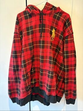 Polo by Ralph Lauren Red & Black Plaid Hooded Sweatshirt with Gold Pony